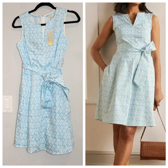 Boden Dresses & Skirts - NWT Boden Mischa Belted Dress Blue White Sleeveless Size 4P Pockets